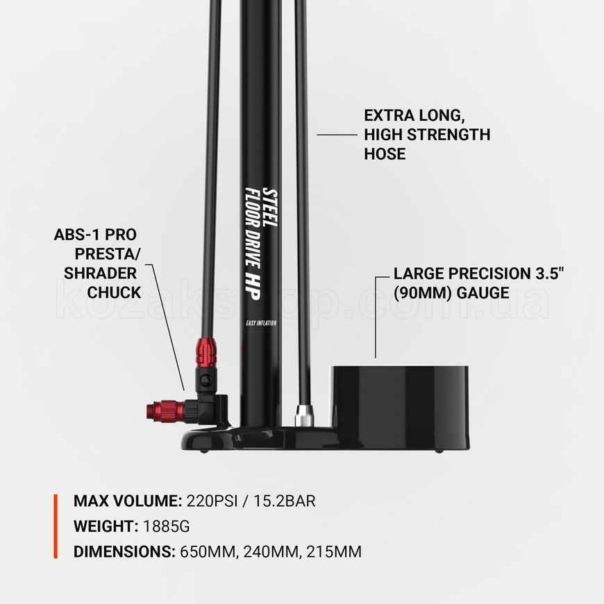 Напольный насос Lezyne STEEL FLOOR DRIVE HP 220 psi Манометр 3,5" [Черный матовый]
