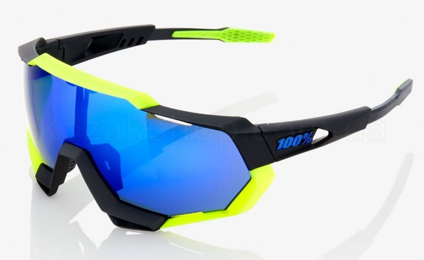 Велосипедные очки Ride 100% SPEEDTRAP - Soft Tact Black Neon Yellow - Blue Mirror Lens, Mirror Lens