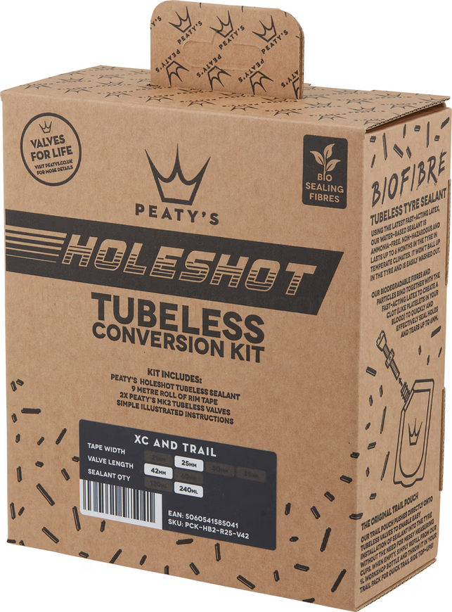 Набор для бескамерки Peaty's Holeshot Tubeless Conversion Kit, XC / Trail, 25mm лента / 42mm ниппели / 240ml герметик