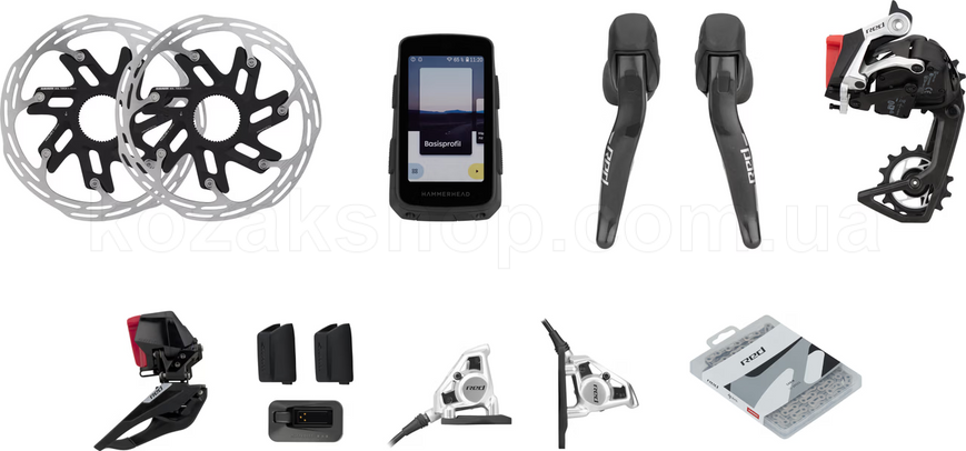 Групсет SRAM Red eTap AXS 2X E1 Electronic HRD groupset (Hammerhead Karoo, Left Right Shift/Hyd ED FM, Chain Red 114l, RD 36T wbatt, FrontDer wbatt, PacelineX CL 160mm,Charger,QuickStart Guide)