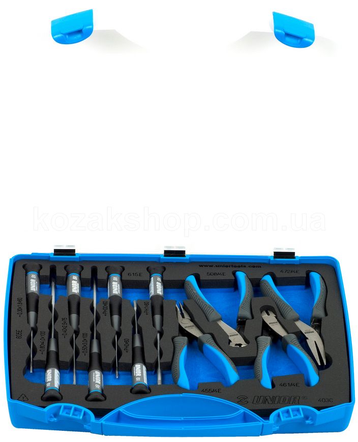 Набір інструментів для електроніки Unior Tools (плоскогубці і викрутки) в пластиковому кейсі Set of electronic pliers and screwdrivers in plastic box